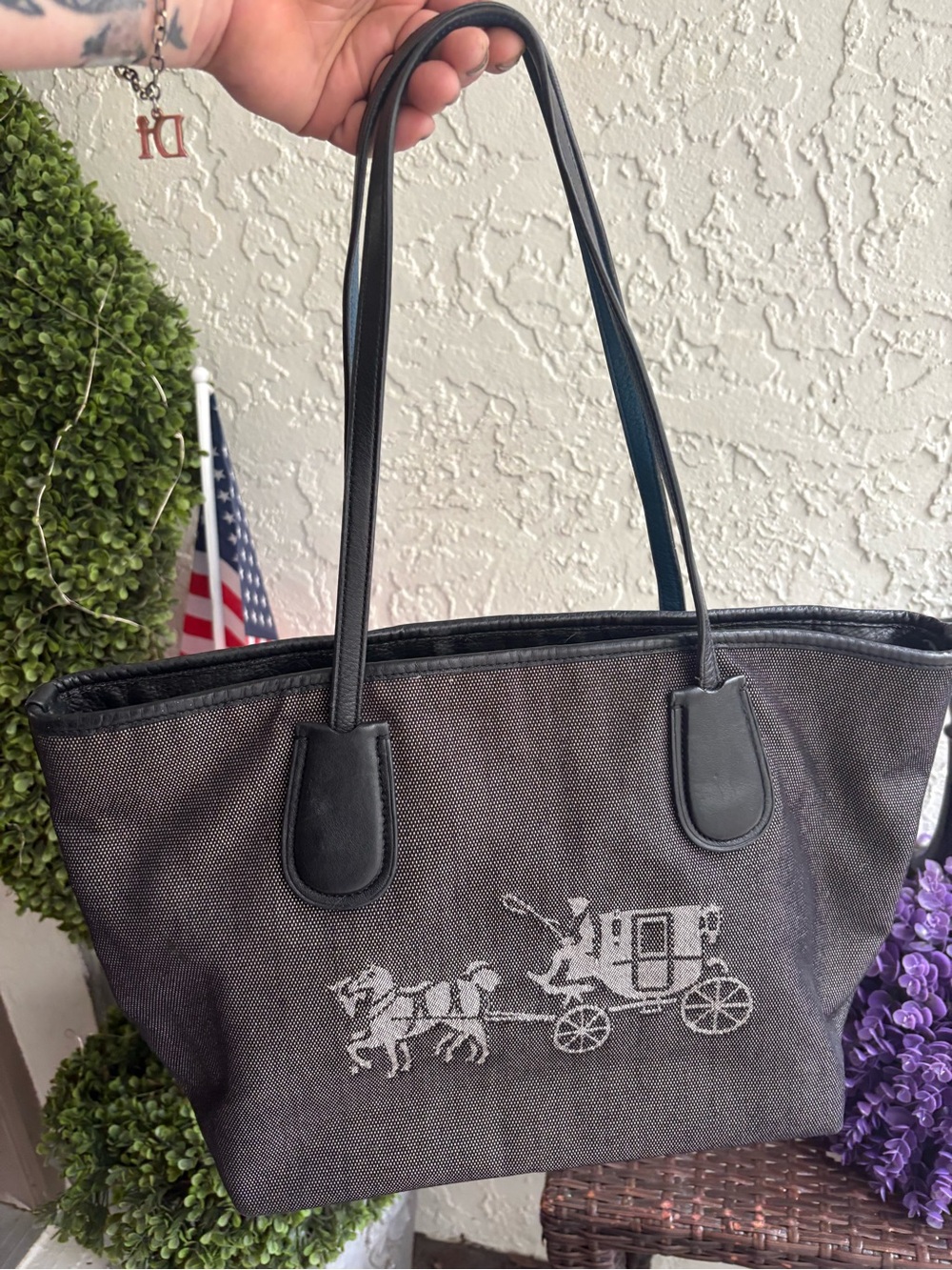 Coach Charcoal Gray and Black Horse & Carriage Tote with cobalt blue interior